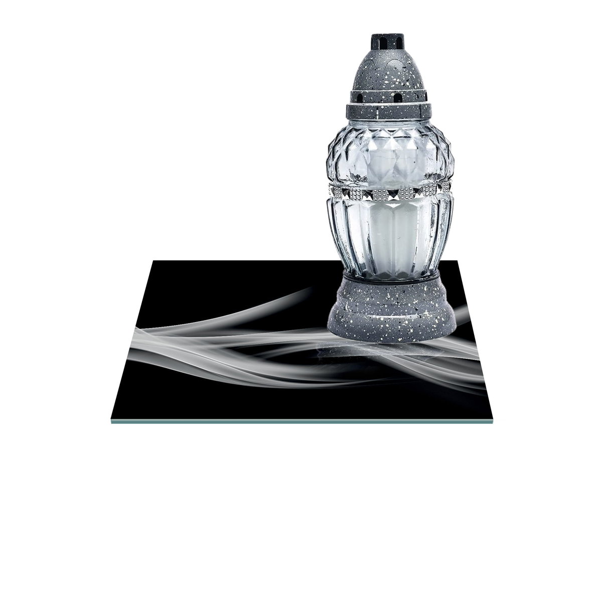 SZKLANA PODSTAWKA POD ZNICZE Z DEDYKACJĄ 30x30cm Dym 116f