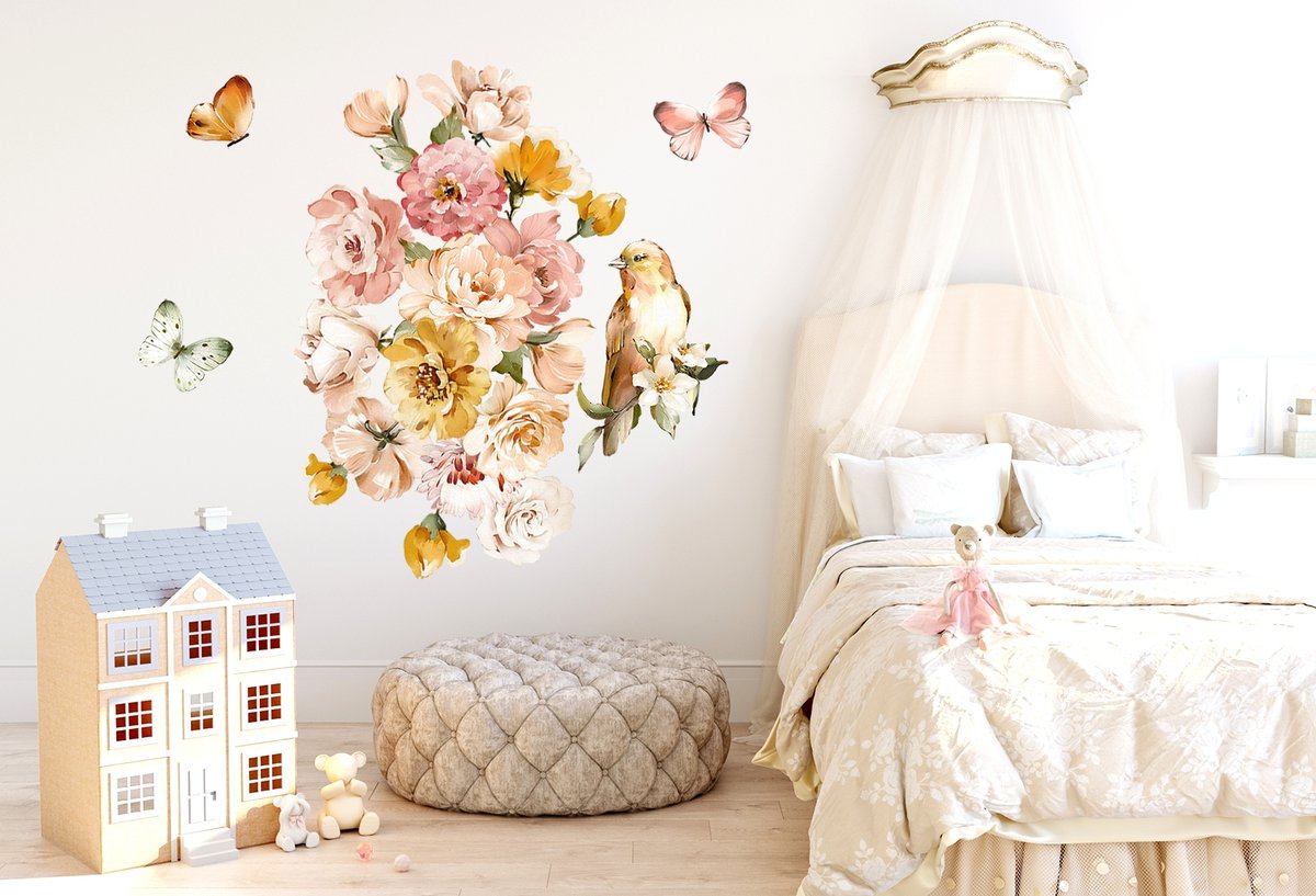 Naklejki na ścianę kwiaty peonie kwiatki różowe żółte motyle XL 105x255 cm