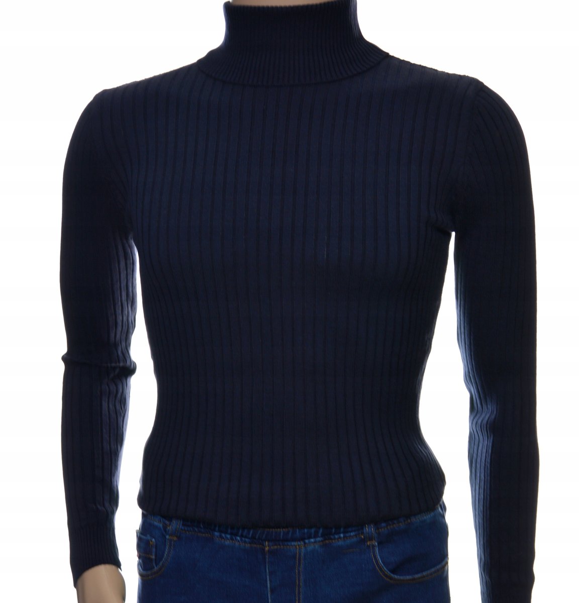 Sweter z golfem golf męski bawełniany dopasowany w prążek granatowy XL