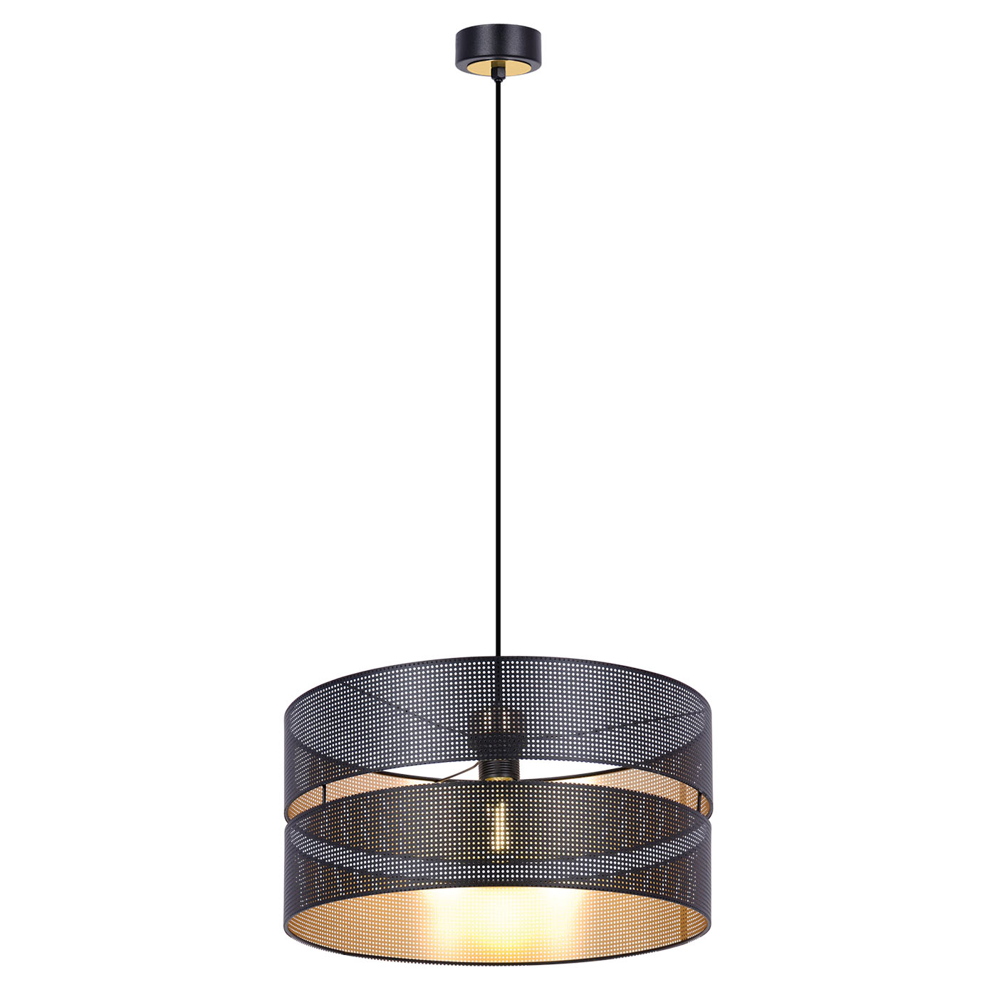 Lampa wisząca z szerokim, czarno-złotym abażurem K-5501 z serii MALAVI