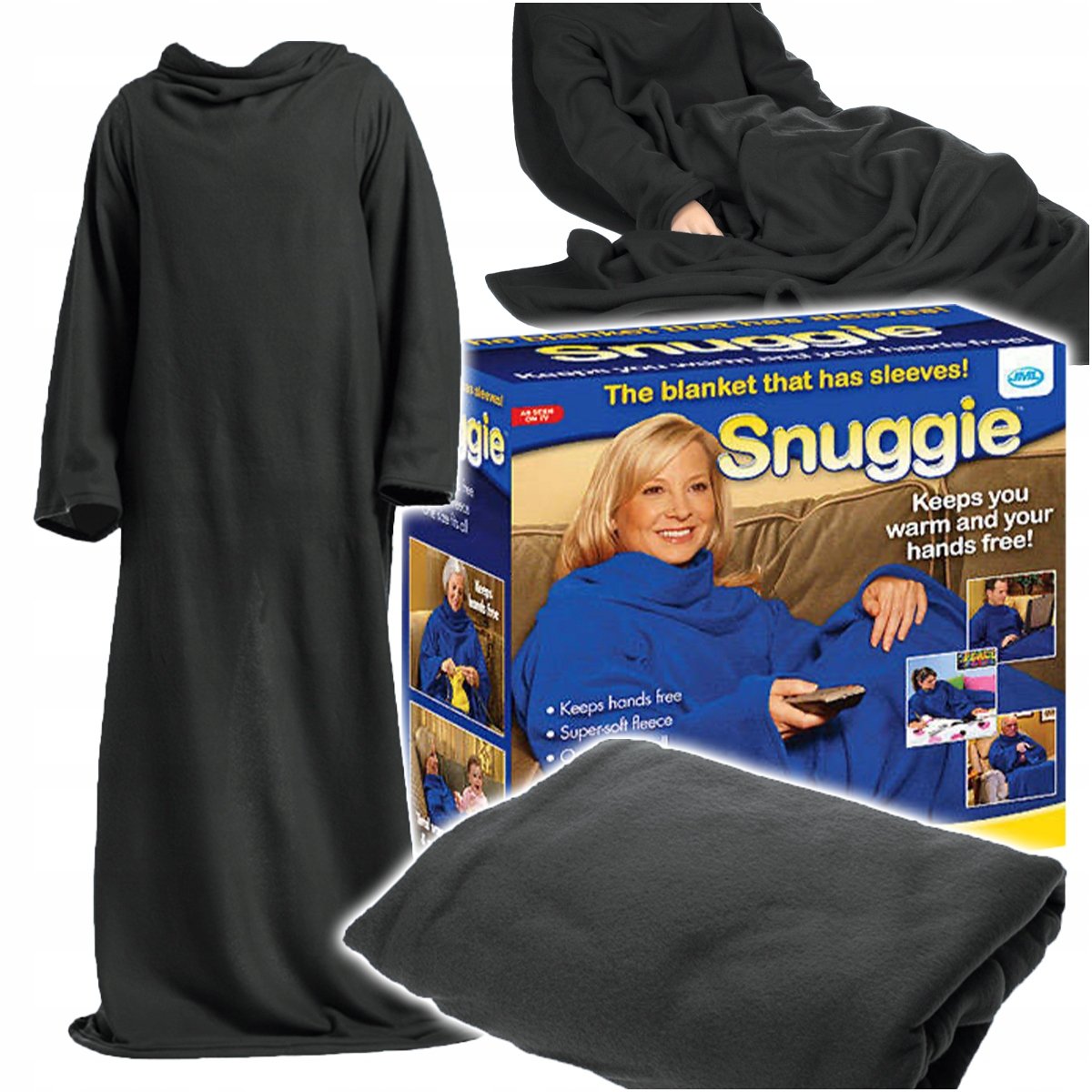 KOC Z RĘKAWAMI CIEPŁY NIEBIESKI DUŻY 138 x 180 CZARNY