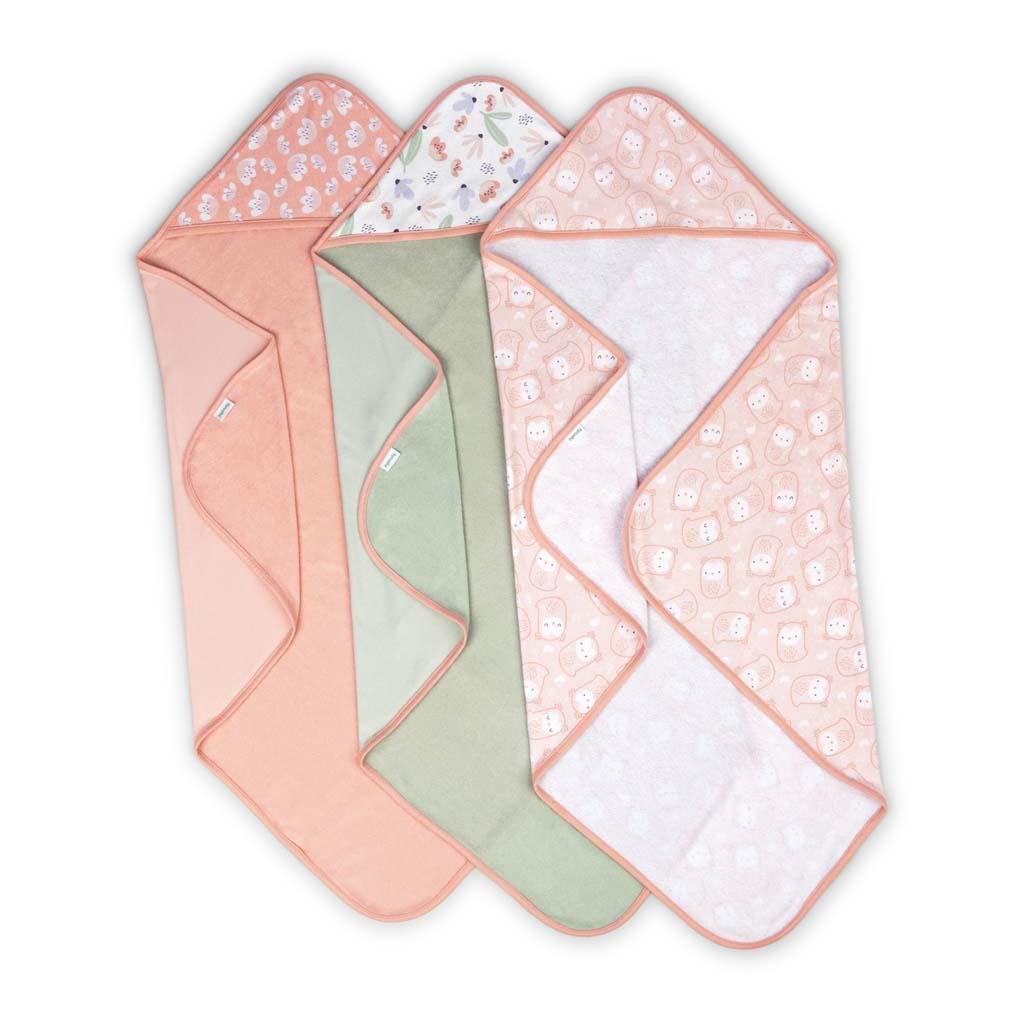 Okrycie kąpielowe 76x76 3-pak ręczników z kapturkiem morelowy seledynowy Clean & Cuddly INGENUITY
