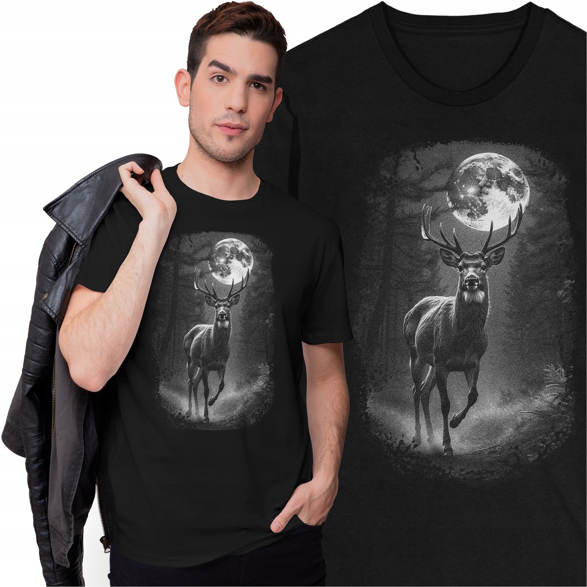 Koszulka z Jeleniem Jeleń Natura Zwierzęta Księżyc Rogi Las