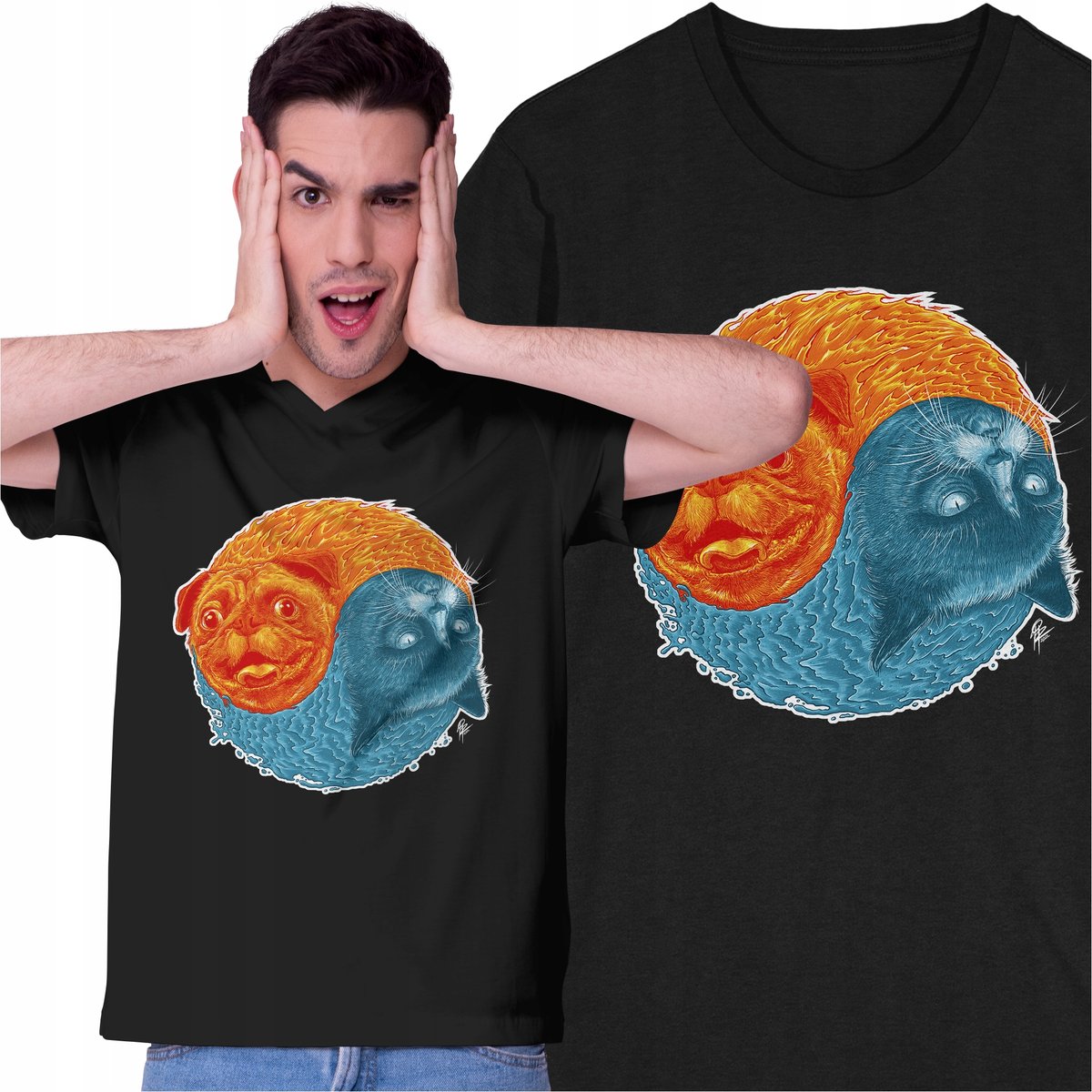 Koszulka z Kotem z Psem Mops Kot Kotek Piesek Yin Yang Zwierzęta