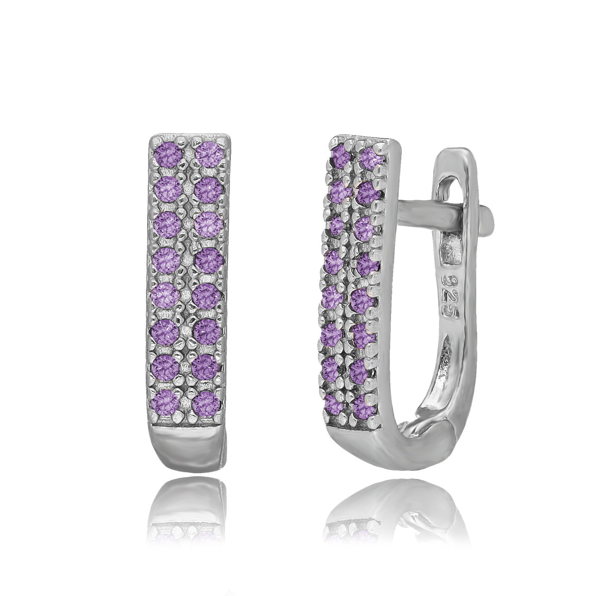 SREBRNE KOLCZYKI Z DWOMA RZĘDAMI FIOLETOWYCH CYRKONIAMI