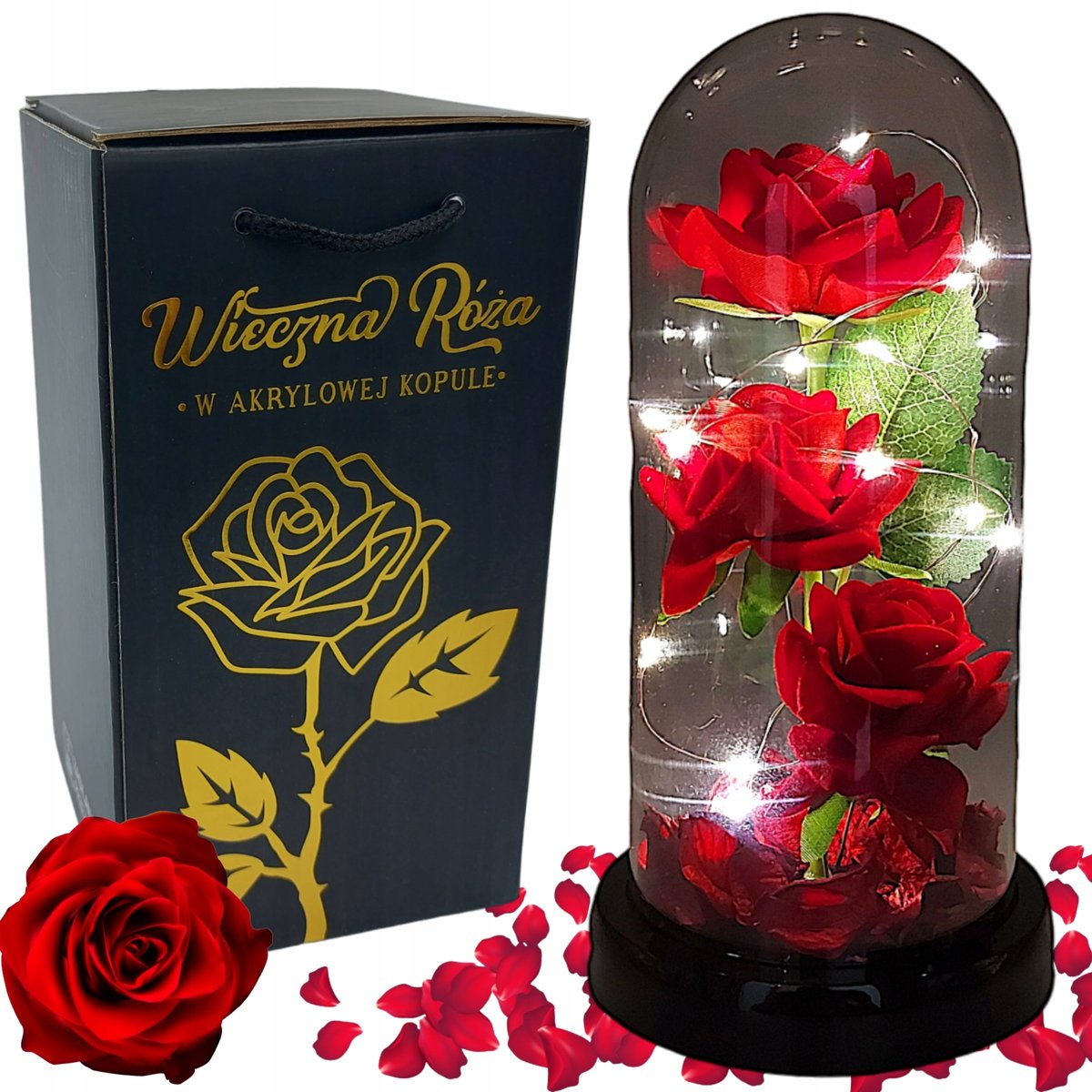 WIECZNA RÓŻA W SZKLE W KOPULE ŚWIECĄCA NA WALENTYNKI LED PREZENT PUDEŁKO