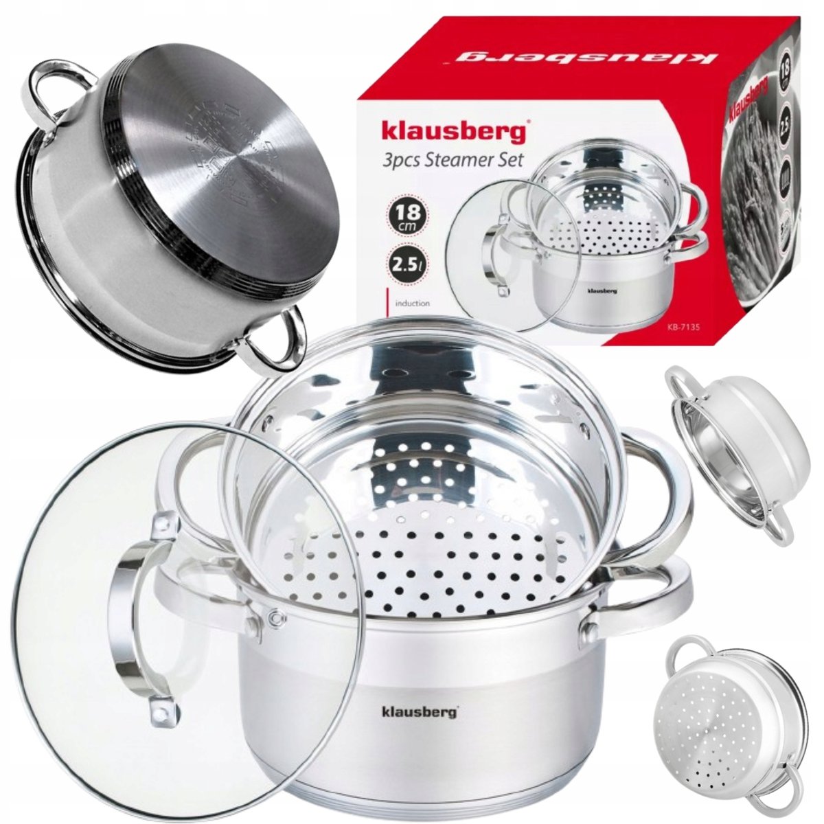 GARNEK DO GOTOWANIA NA PARZE STAL ZESTAW 3 ELEMENTOWY KLAUSBERG 2,5 L 18 CM