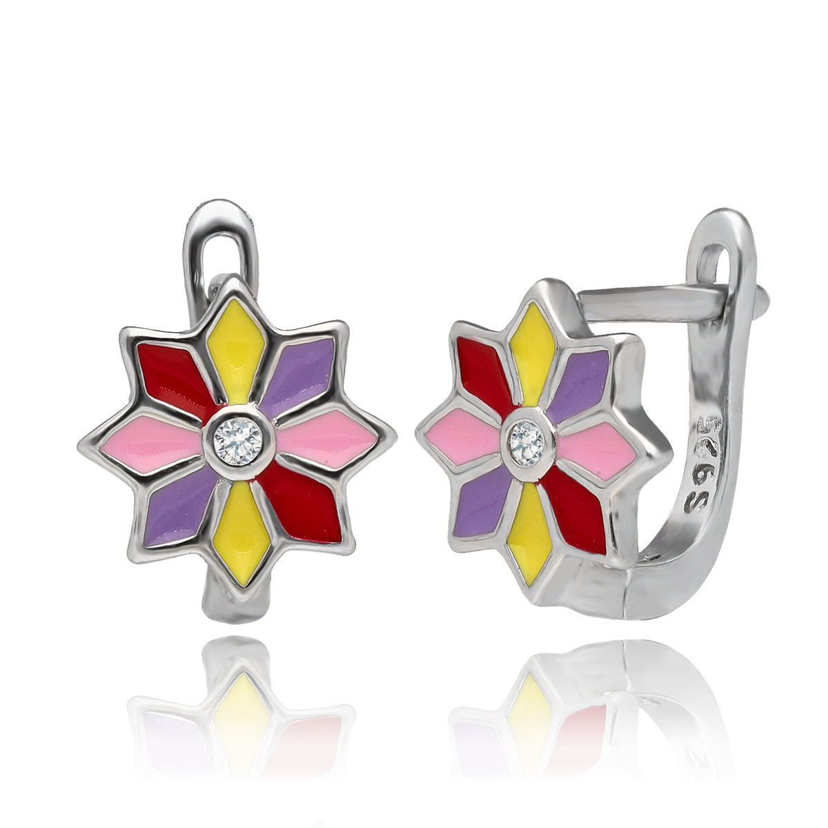 SREBRNE DELIKATNE KOLCZYKI KOLOROWE KWIATKI Z CYRKONIAMI