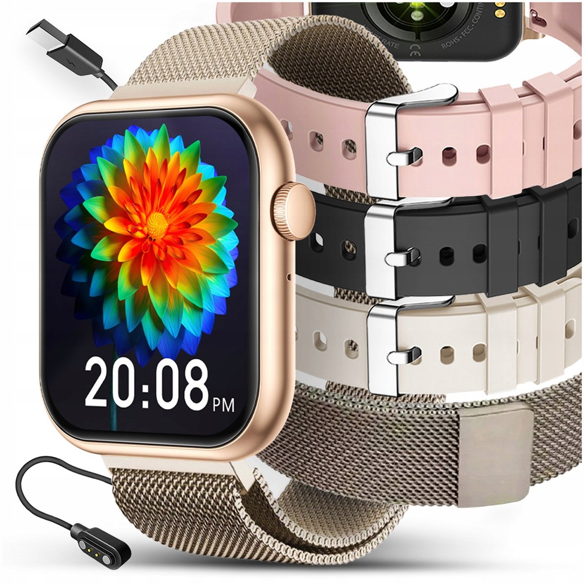 SMARTWATCH DAMSKI ZEGAREK ROZMOWY SMS SPORT ZDROWIE ZLOTY MENU PL + 4 PASKI