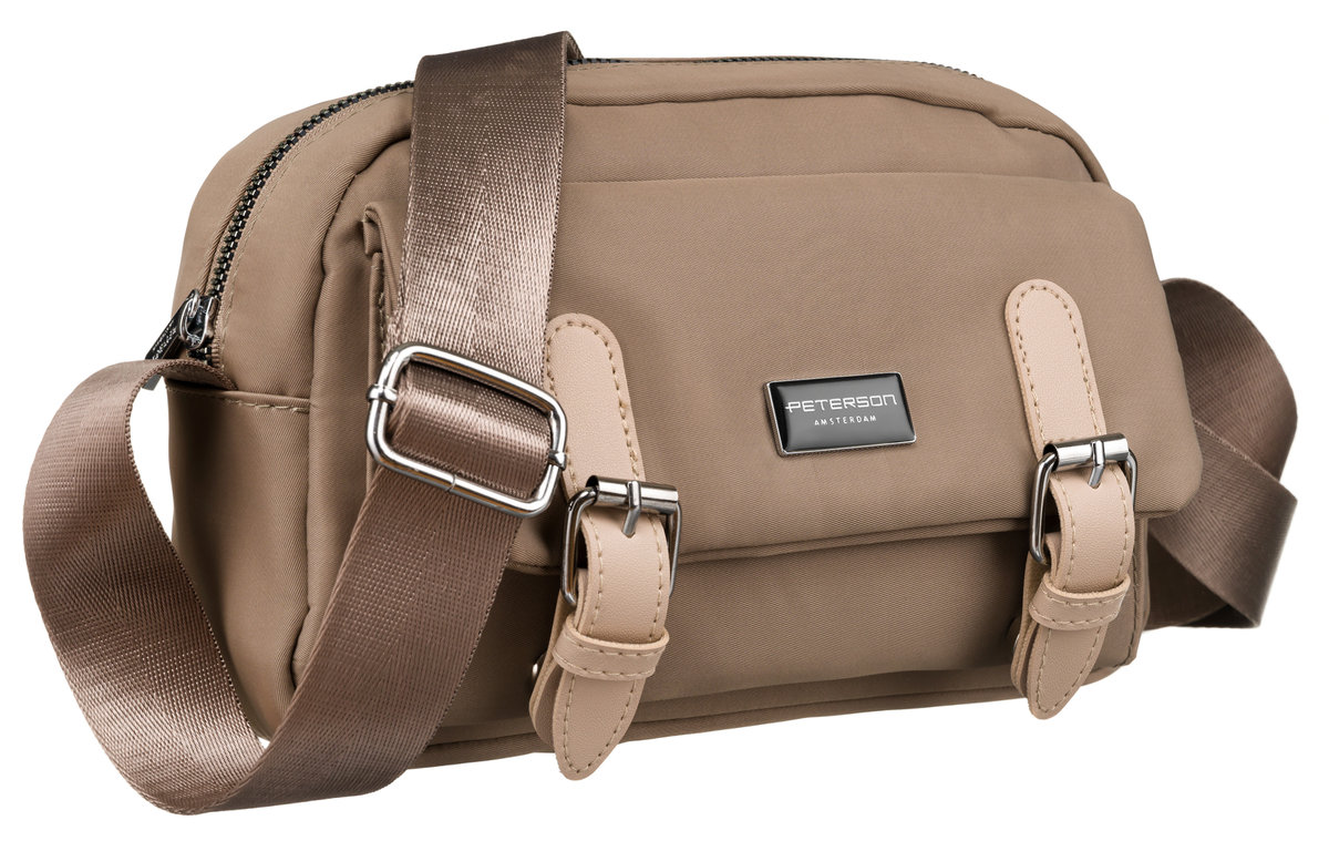 Torebka damska mała beżowa listonoszka na ramię szeroki pasek kieszonki lekka i pojemna PETERSON