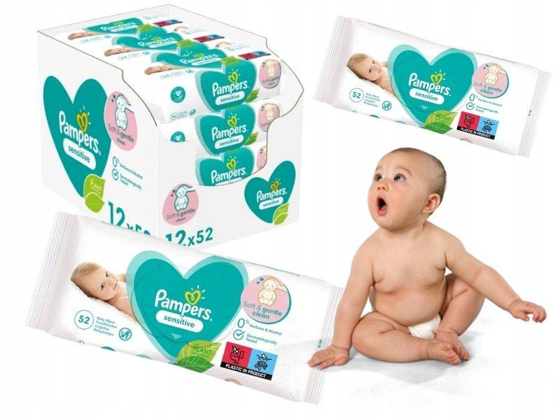 CHUSTECZKI NAWILŻANE PAMPERS SENSITIVE 12X52 DLA DZIECI DO SKÓRY WRAŻLIWEJ