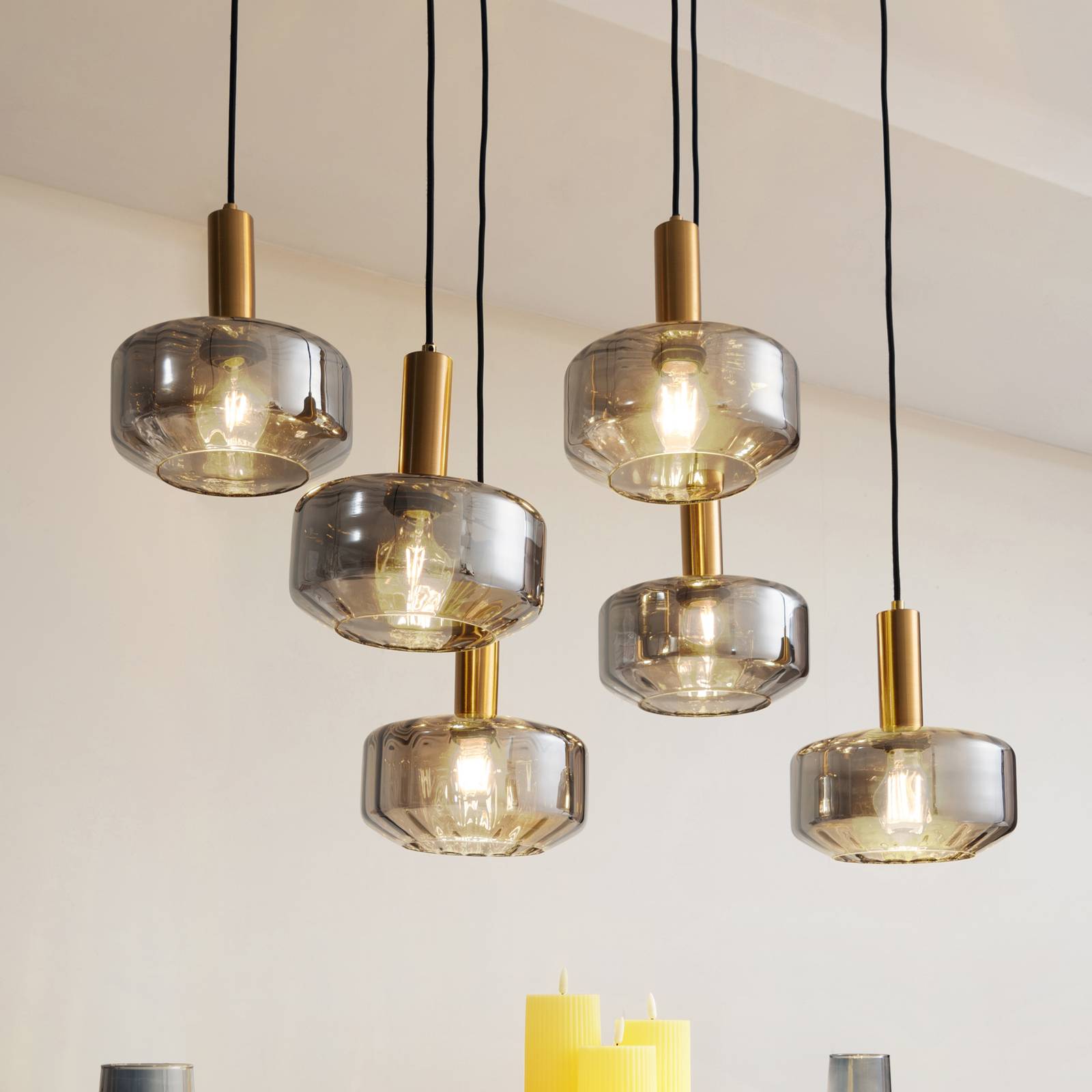 Lampa wisząca Lindby Hildur, 6-punktowa, dymny szary, szkło