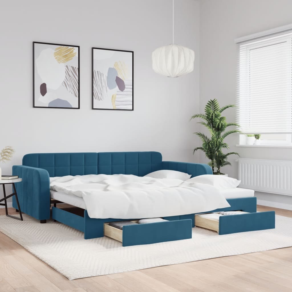 Sofa rozsuwana z szufladami, niebieska, 100x200 cm, aksamit Lumarko!