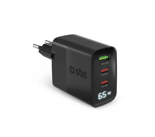 SBS WALL GaN 65W LCD 2xUSB-C USB-A Czarny