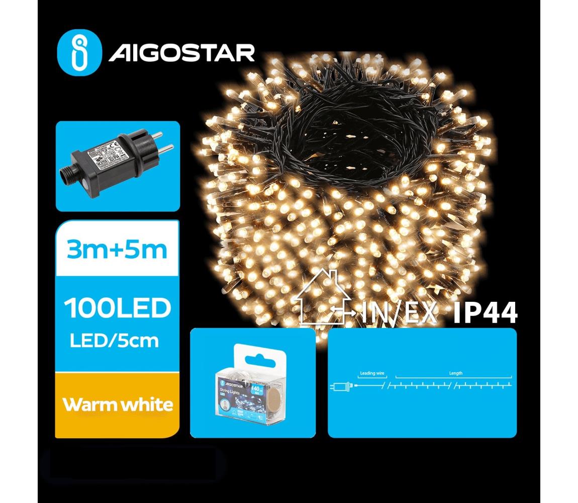 Aigostar - LED Zewnętrzny łańcuch bożonarodzeniowy 100xLED/8 funkcji 8m IP44 ciepła biel