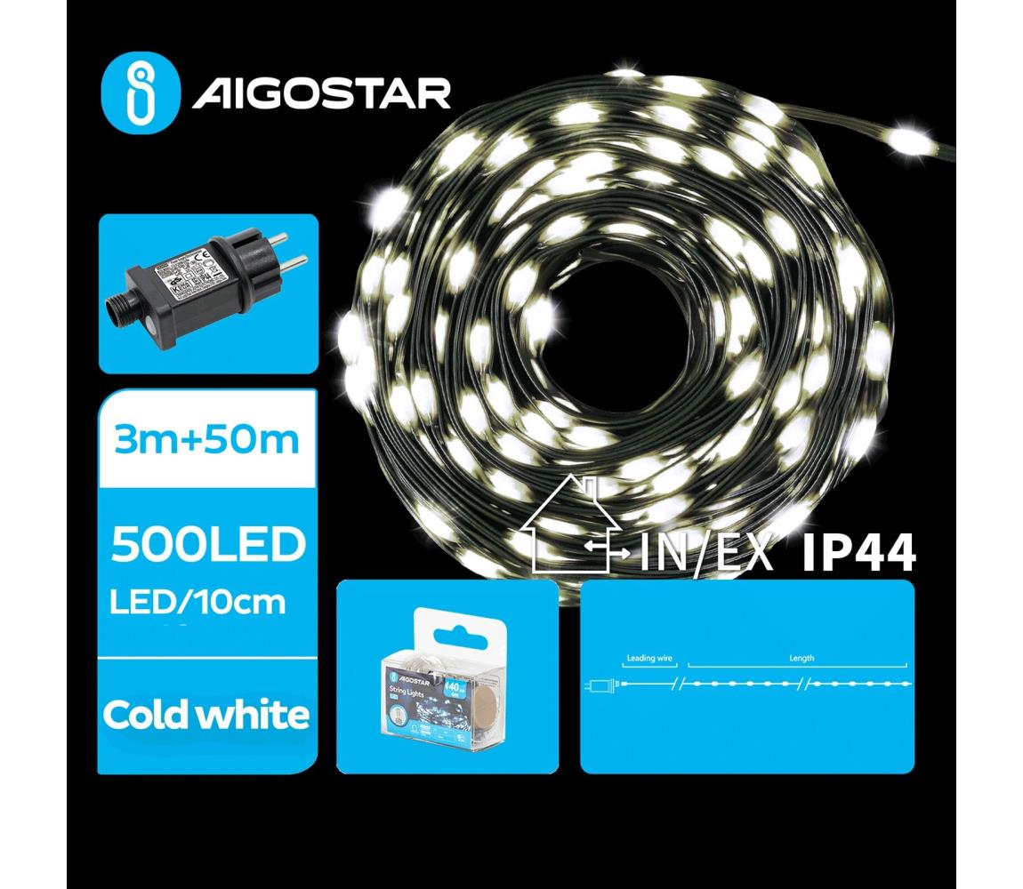 Aigostar - LED Zewnętrzny łańcuch świąteczny 500xLED/8 funkcji 53m IP44 zimna biel