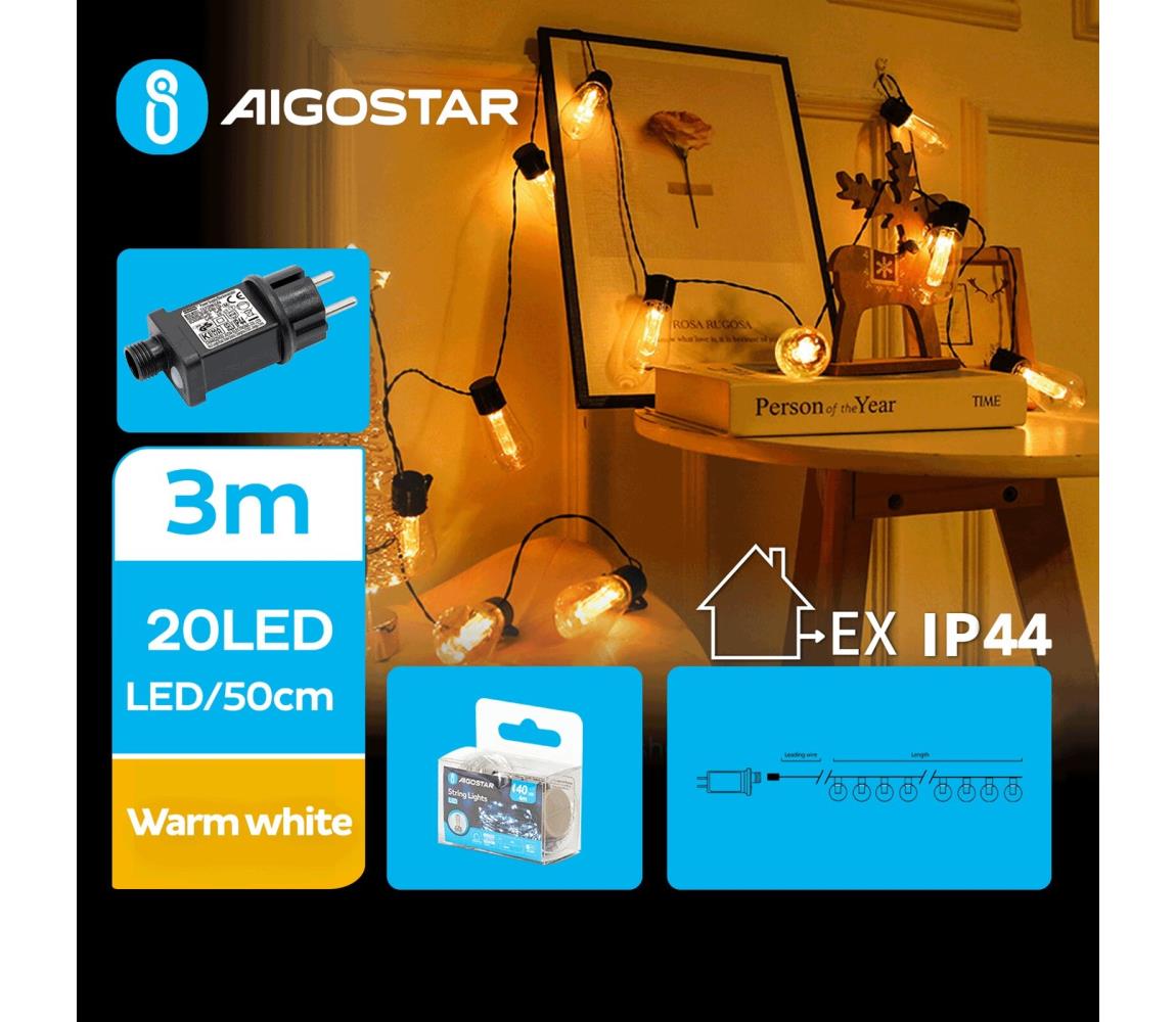 Aigostar - Zewnętrzny łańcuch dekoracyjny LED 20xLED/3m IP44 ciepła biel