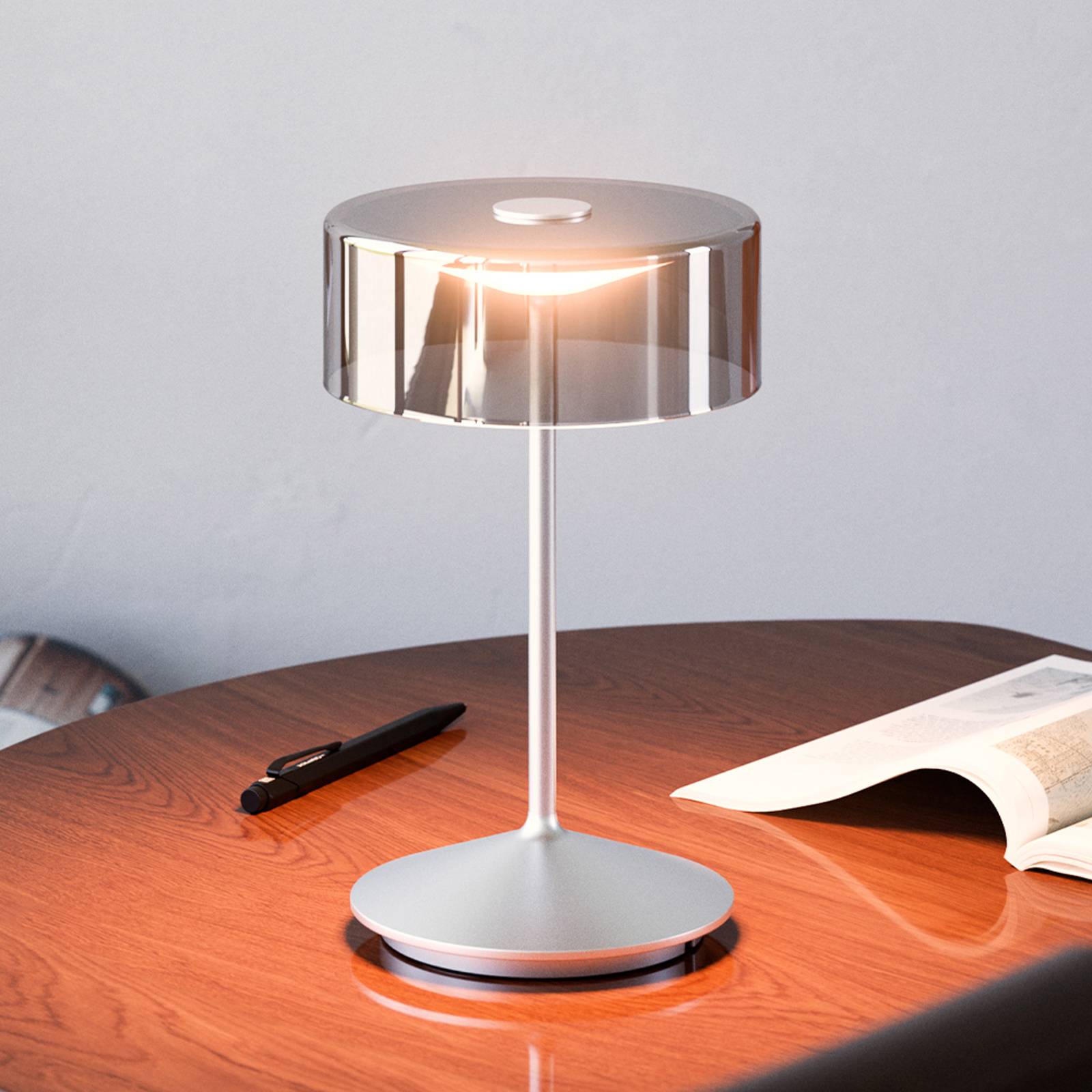 Sigor Akumulatorowa lampa stołowa LED Numotion, srebrna, szklana, IP54, ściemniana