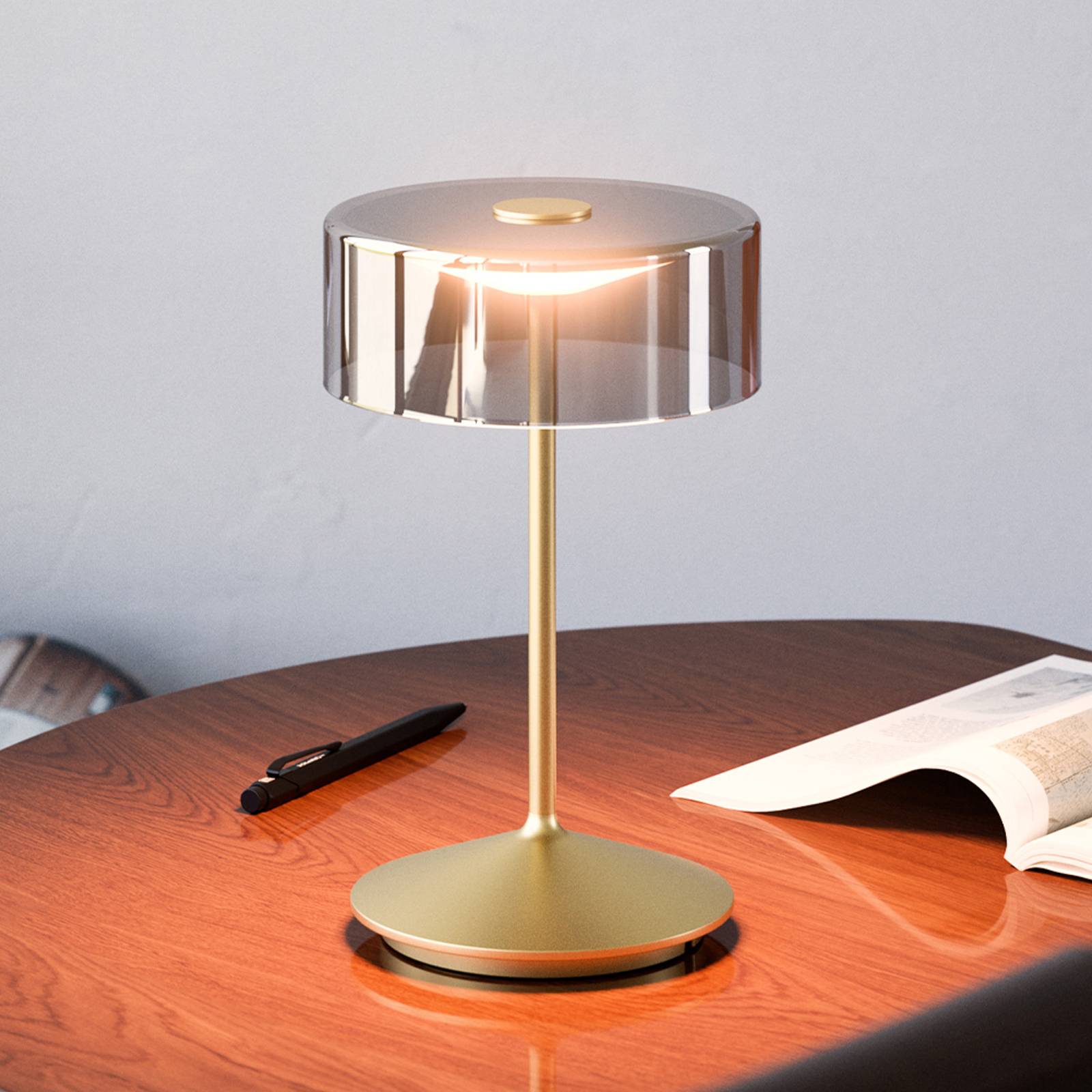 Sigor Akumulatorowa lampa stołowa LED Numotion, złota, szklana, IP54, ściemniana