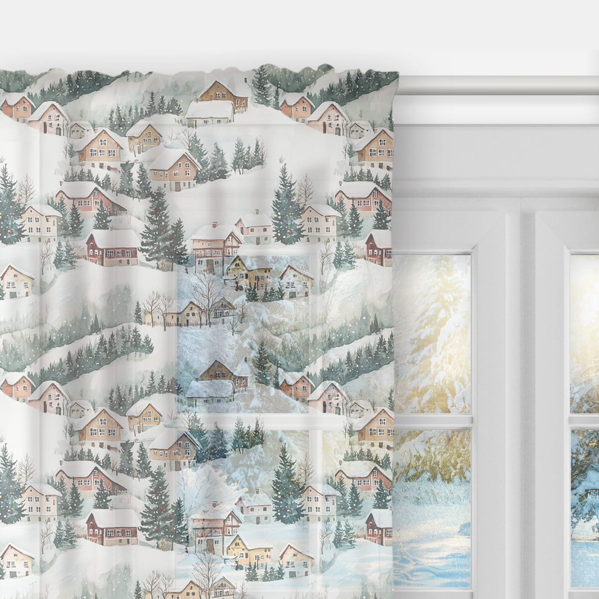 Firana WINTER wzór BN78 | Zimowe domki 140 x 150 cm