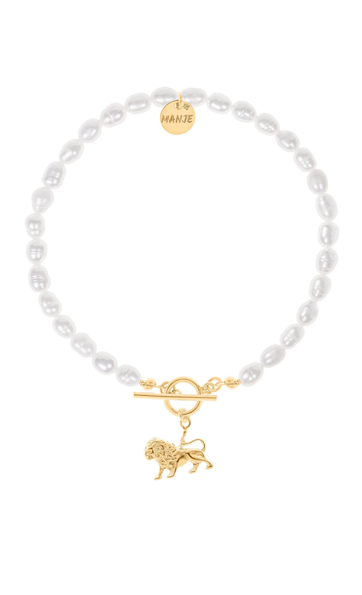 Bransoletka z pereł z pozłacanym znakiem zodiaku Lew 19 cm