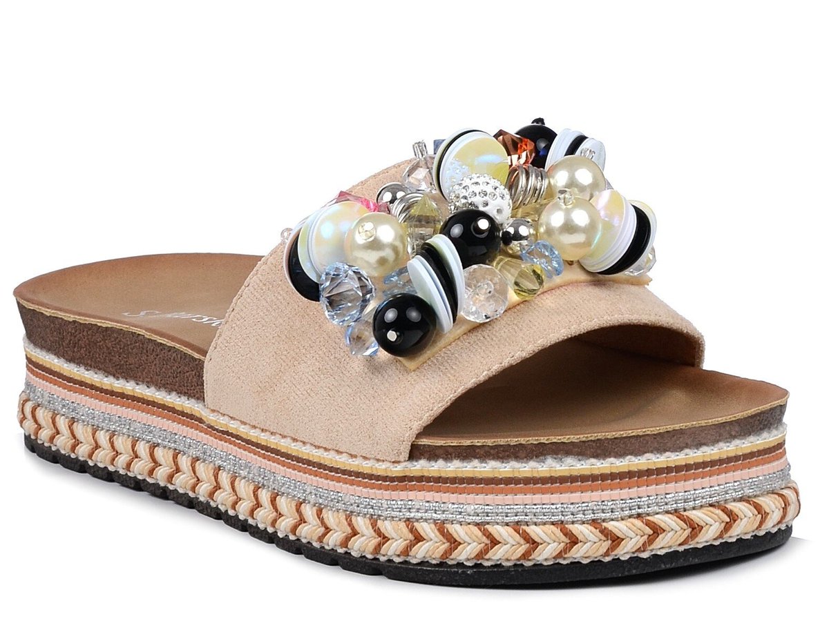 Klapki damskie na platformie na lato beżowe z ozdobą S.Barski HY077-40