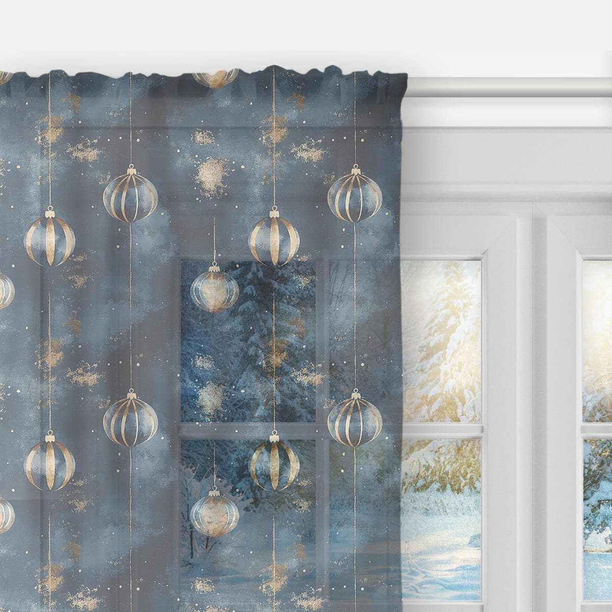 Firana WINTER wzór BN79 | Bombki na granatowym tle 140 x 150 cm