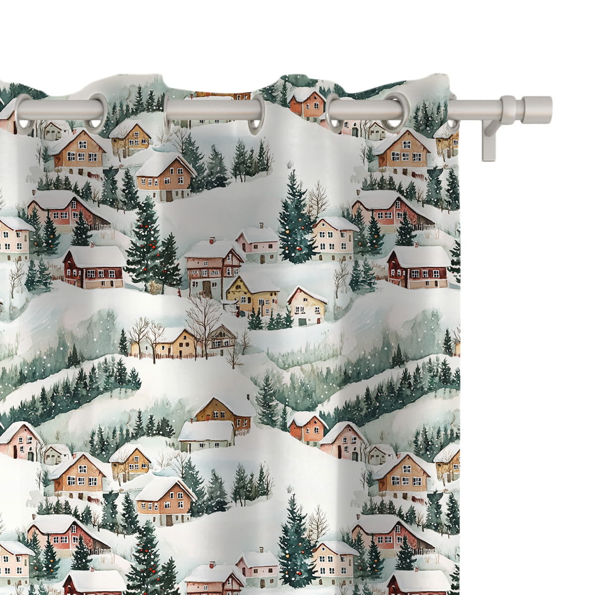 Zasłona WINTER wzór BN78 | Zimowe domki 150 x 160 cm tkanina zaciemniająca