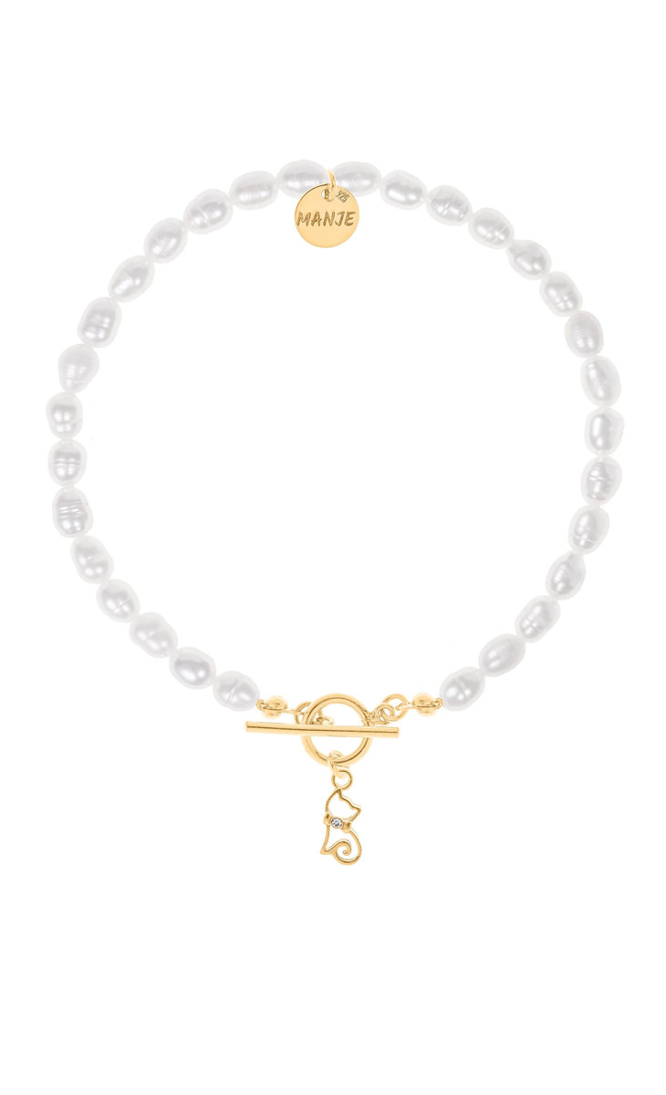 Bransoletka z pereł z pozłacanym kotem i kryształkiem 16 cm
