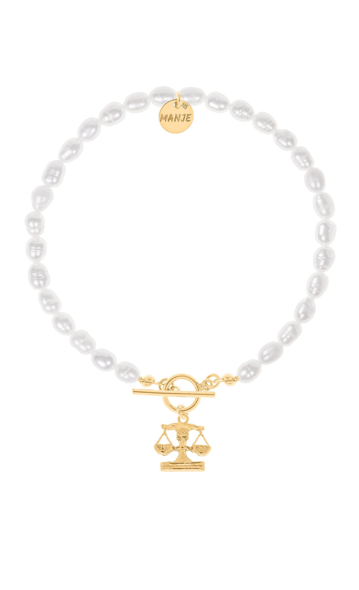 Bransoletka z pereł z pozłacanym znakiem zodiaku Waga 19 cm