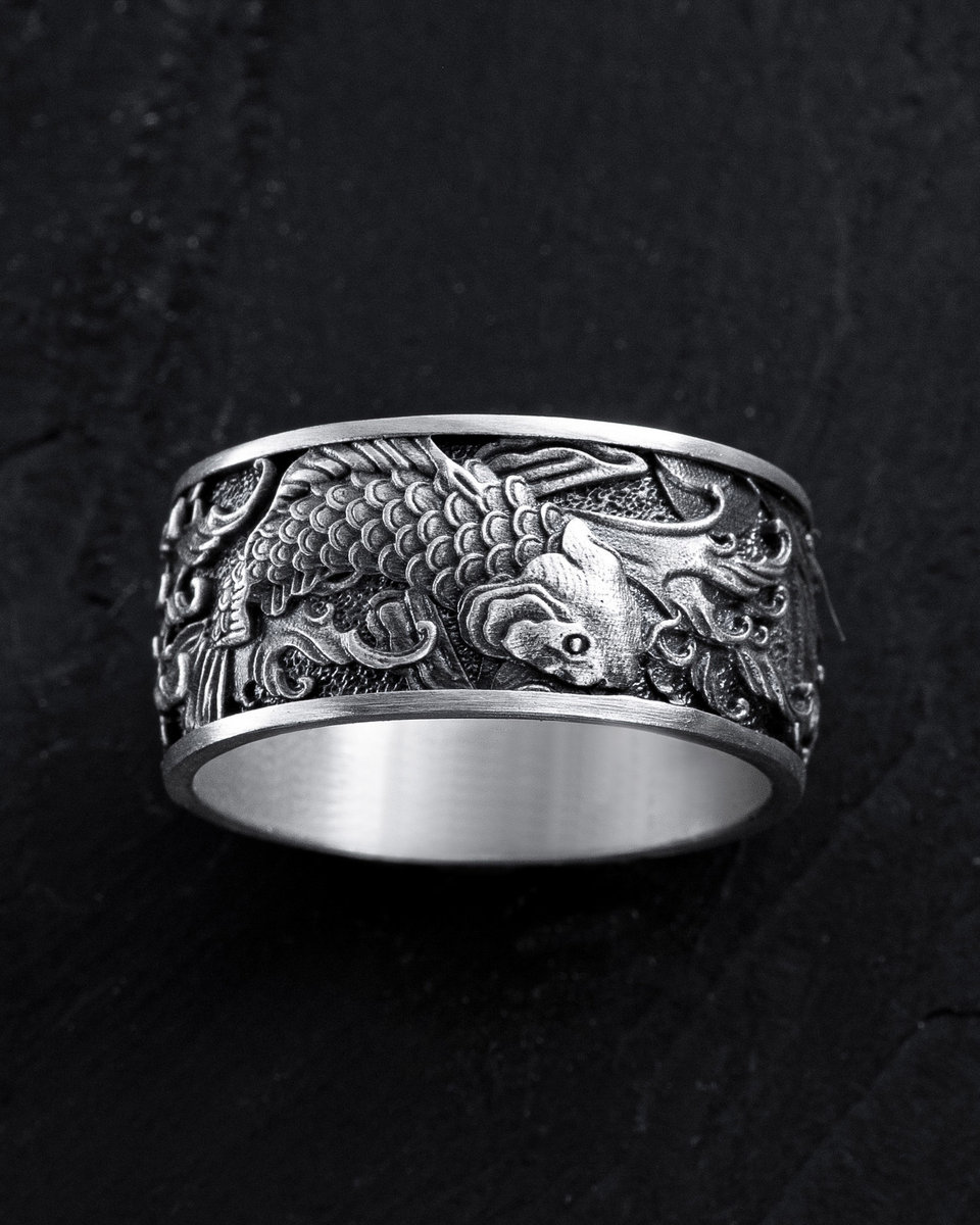 Srebrny pierścień JAPOŃSKIE KARPIE KOI I FALE 19