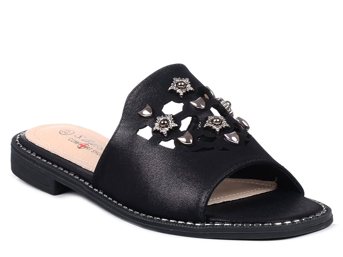 Klapki damskie płaskie czarne skórzana wkładka S.Barski KV27-063-41