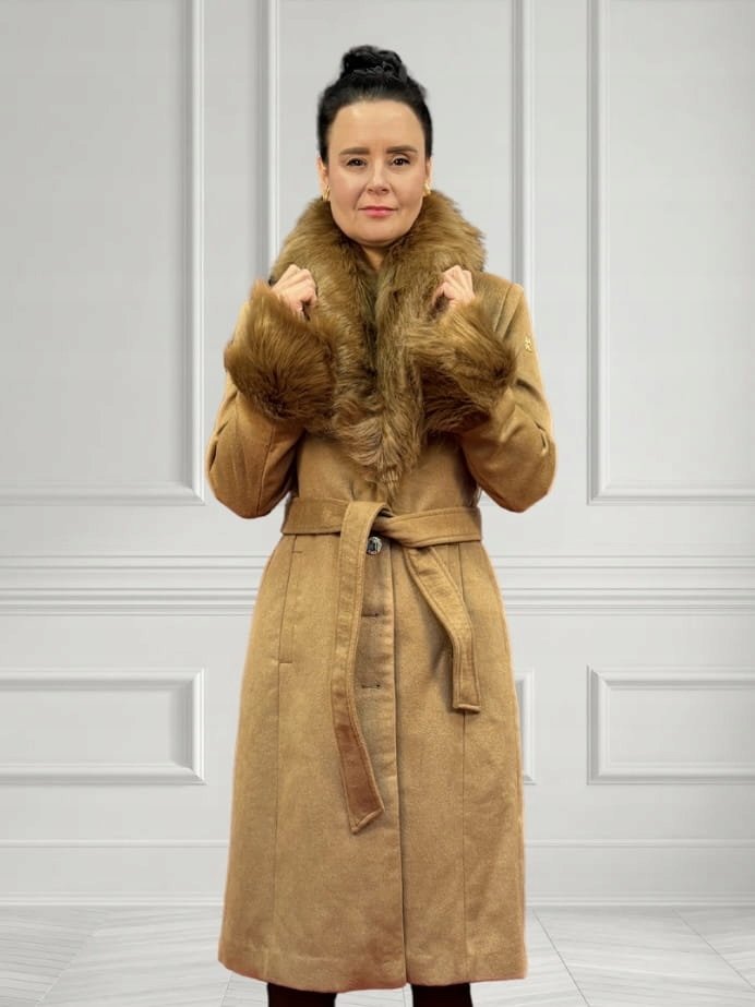 Karl Lagerfeld płaszcz z futrem kolor camel [rozmiar L]
