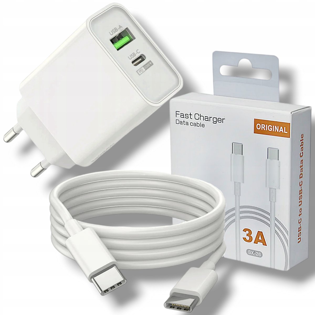 SZYBKA ŁADOWARKA SZYBKO ŁADUJĄCA typu USB typ C QC3.0+ KABEL USB-C TYP-C 2M