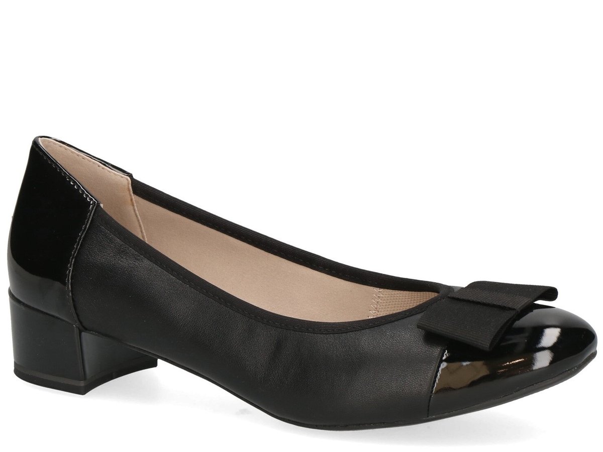 Czółenka damskie buty na niskim obcasie skórzane czarne Caprice 22307-36