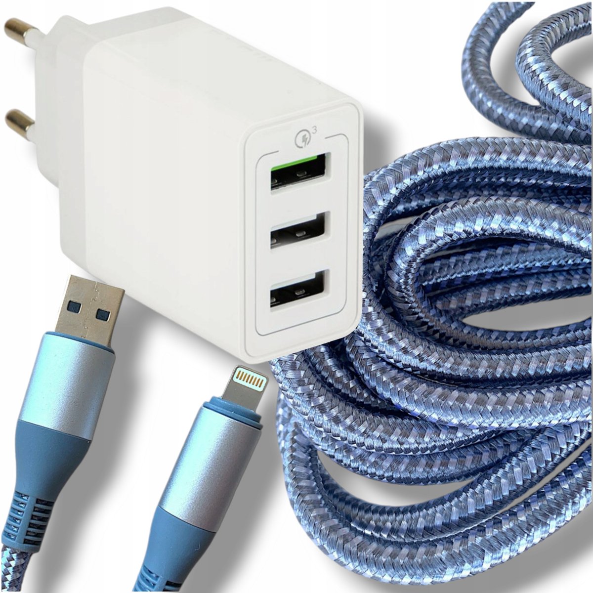 ŁADOWARKA SZYBKO ŁADUJĄCA FAST CHARGE 3 x USB + KABEL USB Lightning 120W 3M