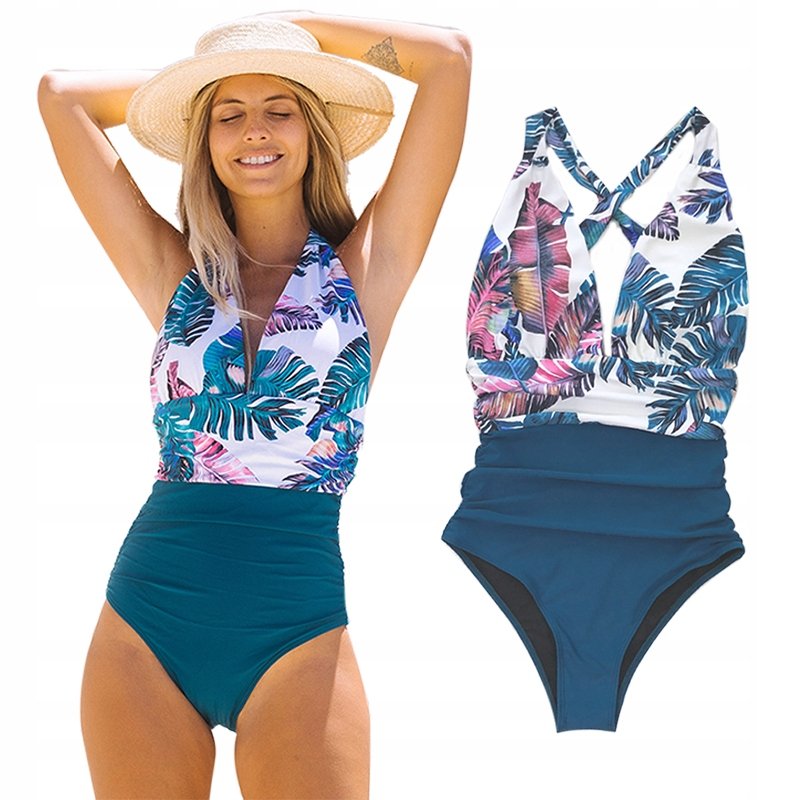 STRÓJ KĄPIELOWY JEDNOCZĘŚCIOWY KOSTIUM WYSZCZUPLAJĄCY DAMSKI NIEBIESKI M