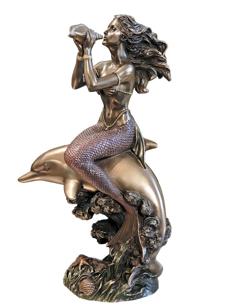 SYRENKA NA DELFINIE GRAJĄCA NA MUSZLI SECESYJNA FIGURKA VERONESE 21 CM