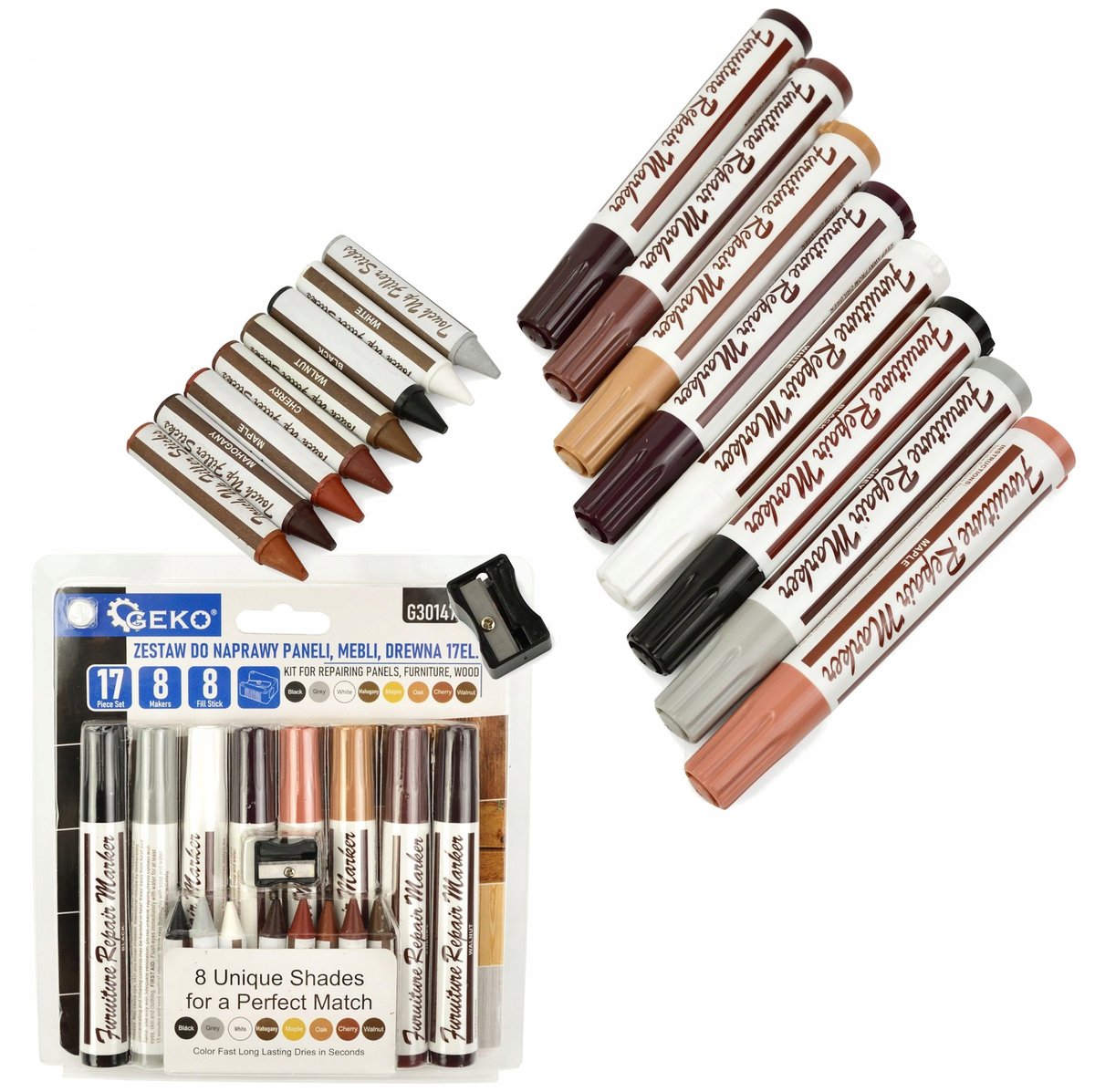 Geko Zestaw Do Naprawy Paneli, Mebli, Drewna, Skóry 17 Elementów G30147