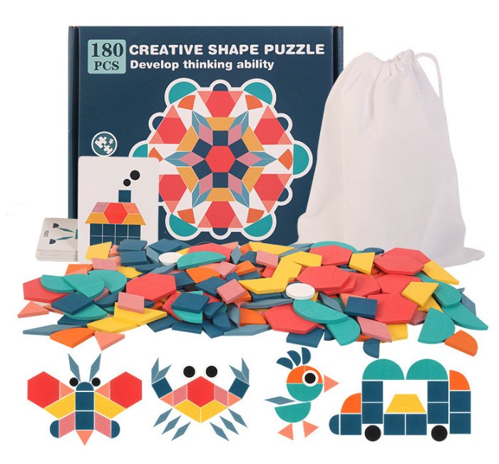 Drewniane Puzzle Do Układania Klocki Tangram Zestaw Montessori Woreczek