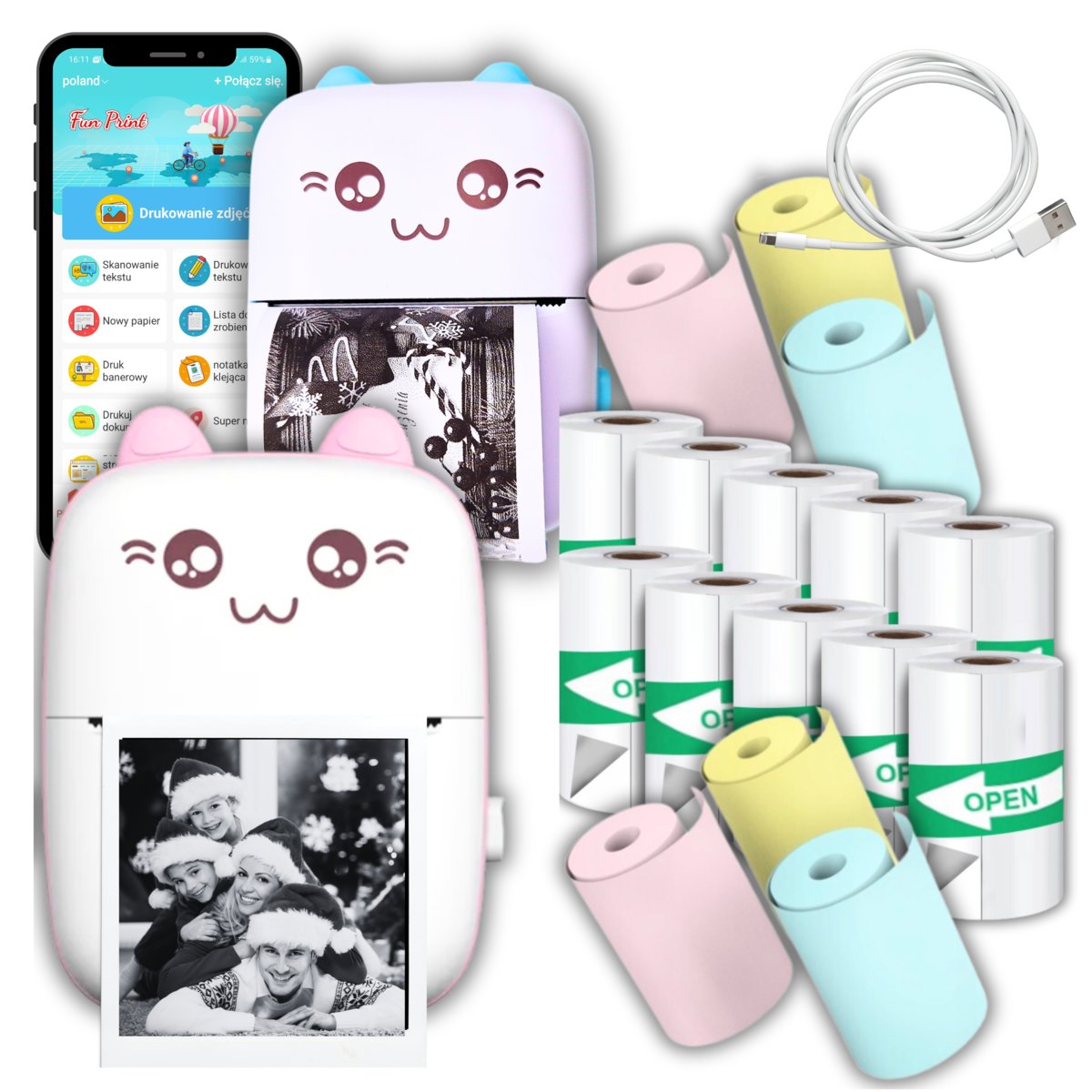 Mini Drukarka Termiczna Przenośna DRUKUŚ do zdjęć + Etui + rolki 19 szt/BuyPro