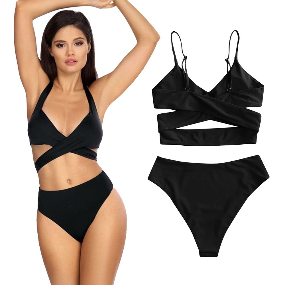 STRÓJ KĄPIELOWY DWUCZĘŚCIOWY BIKINI WYSOKI STAN MODELUJĄCY DAMSKI CZARNY S