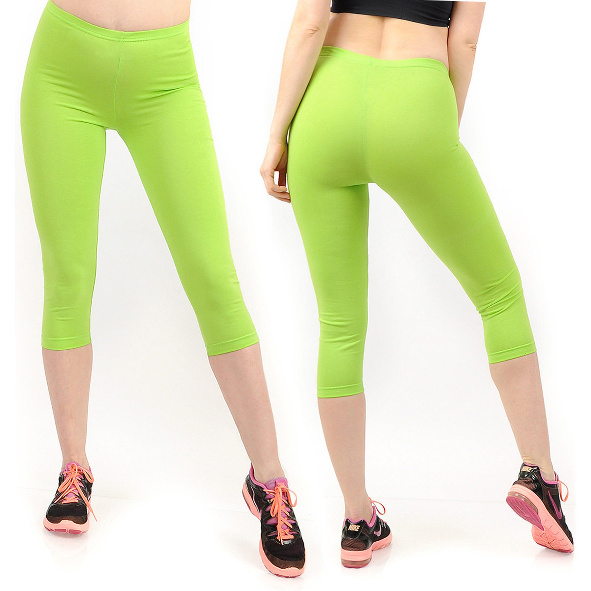 Legginsy damskie 3/4 krótkie Polskie bawełniane Getry Limonkowe L