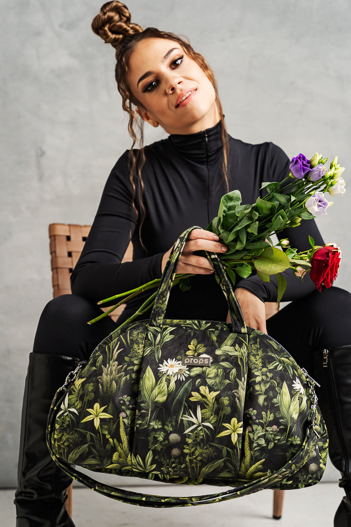 PROPS Torebka damska elegancka zielona wzór kwiaty welurowa Zielnik