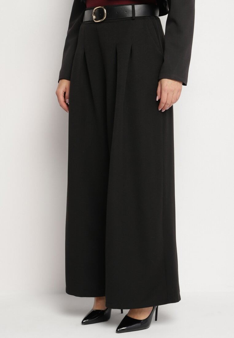 Czarne Garniturowe Spodnie z Wiskozą o Szerokim Kroju z Paskiem Ravilis