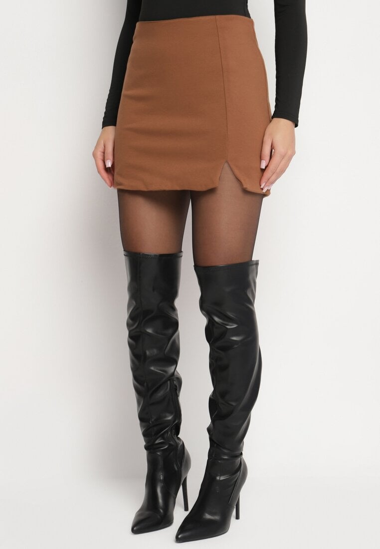 Brązowa Spódnica z Wiskozą Wysokim Stanem i Ozdobnym Rozcięciem Delirea