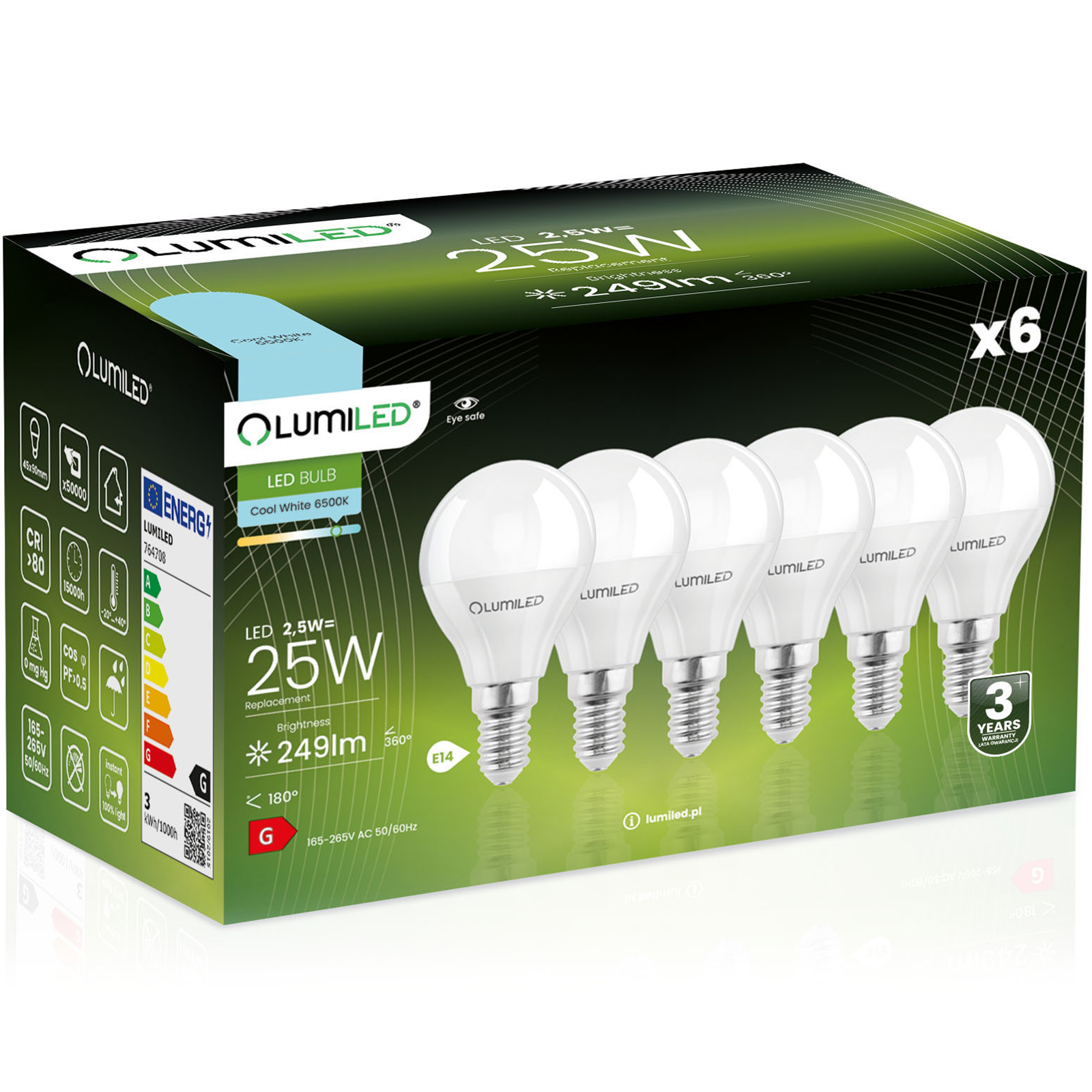 6x Żarówka Led E14 Kulka P40 2,5W 25W 249lm 6500K Zimna CCD 180° Lumiled