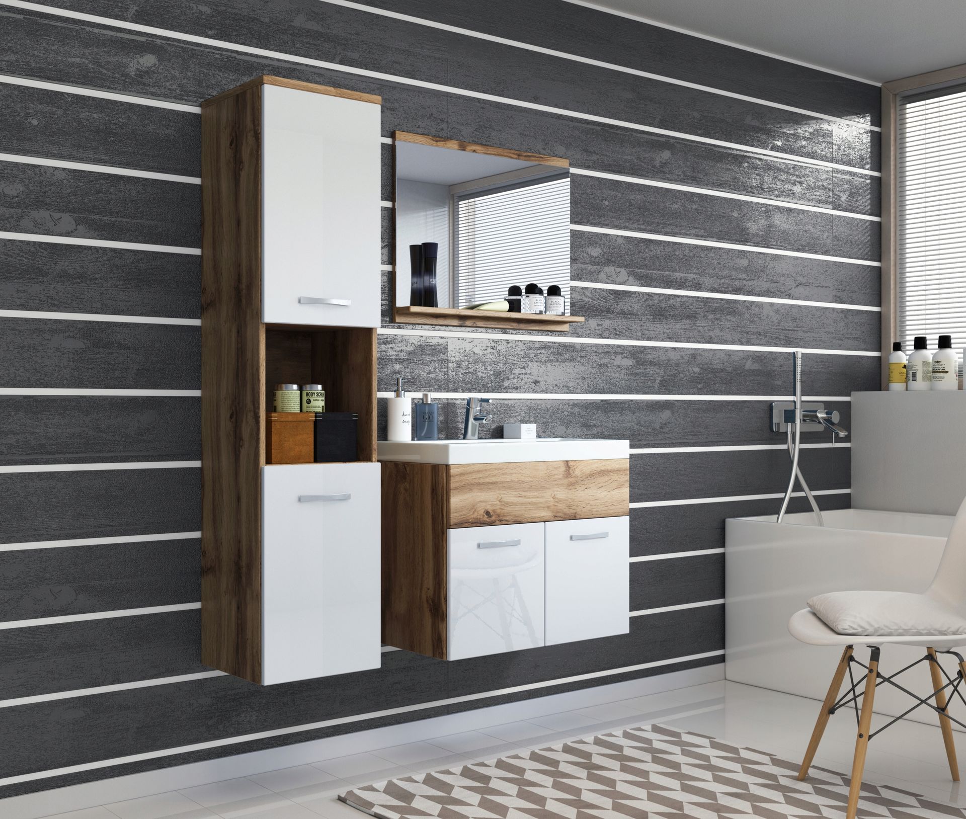 Meble łazienkowe z umywalką szafka słupek lustro