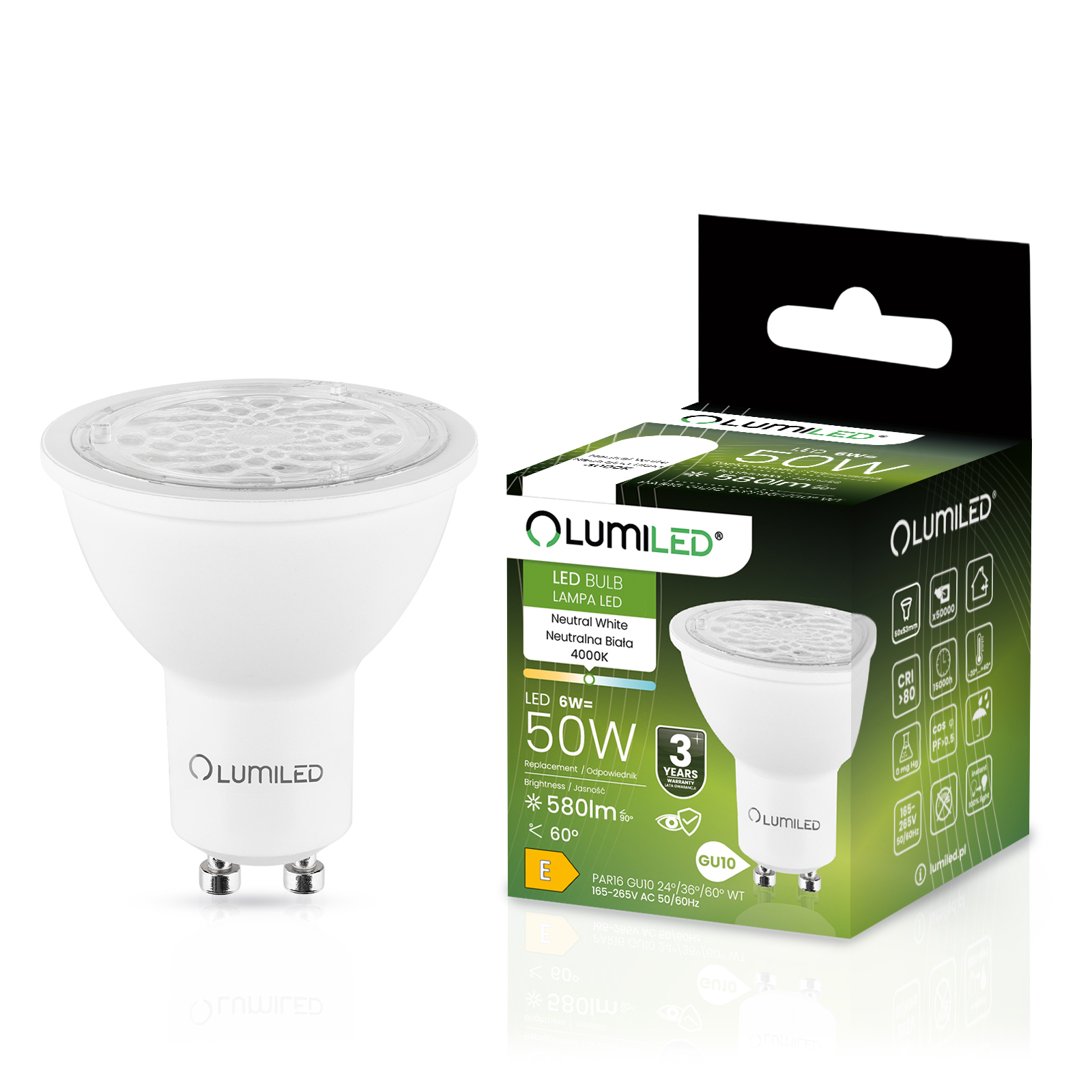 Żarówka Led GU10 6W 50W 580lm 4000K Neutralna Regulowana 24° 36° 60°