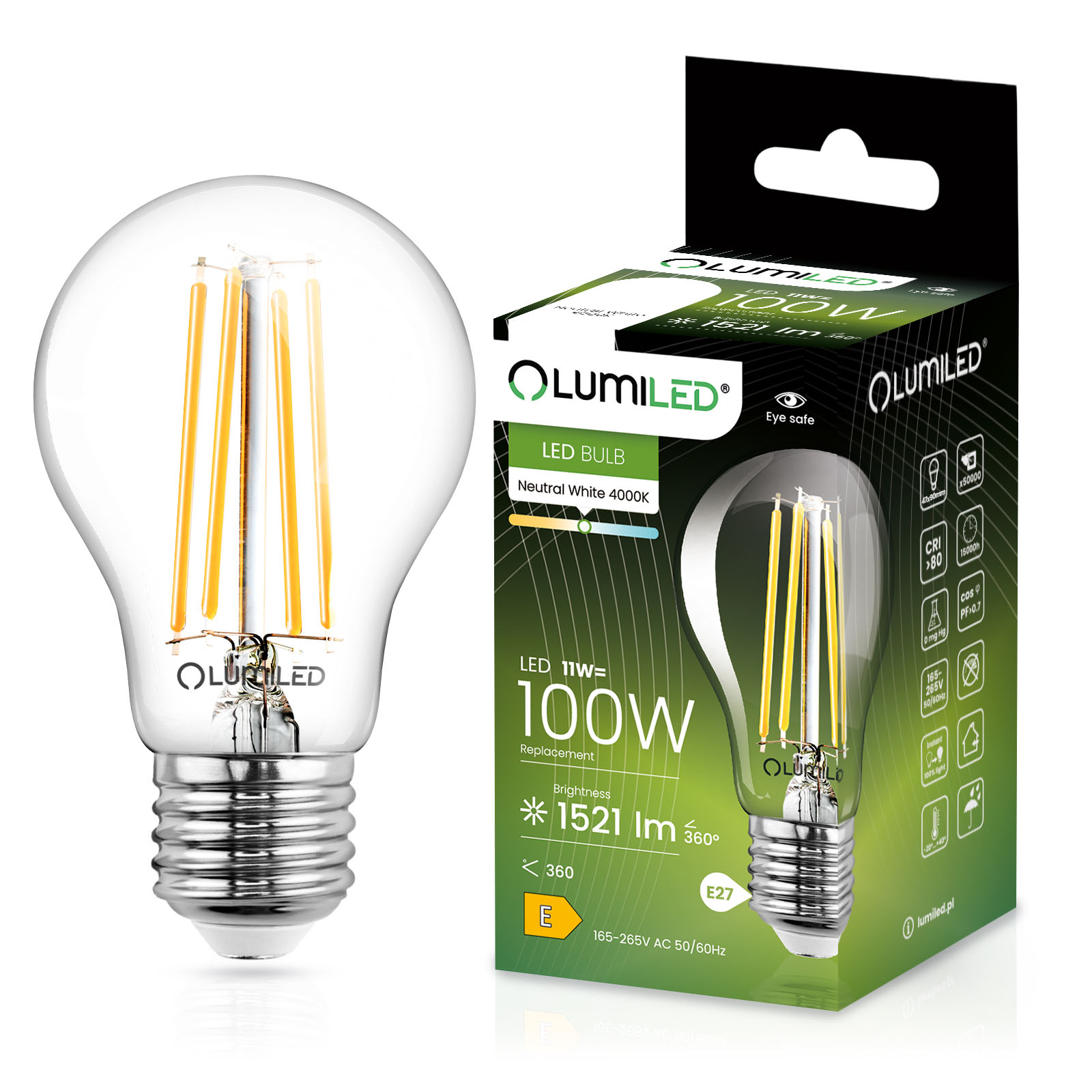 Żarówka Led E27 A60 11W 100W 1521lm 4000K Neutralna Filament Ozdobna